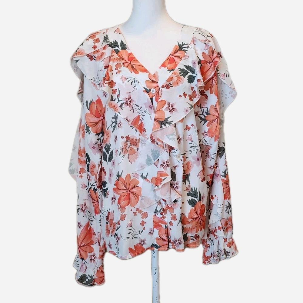 Mundefeis Floral Blouse Top Womens XL Orange White Office Work Feminine Boho NEW